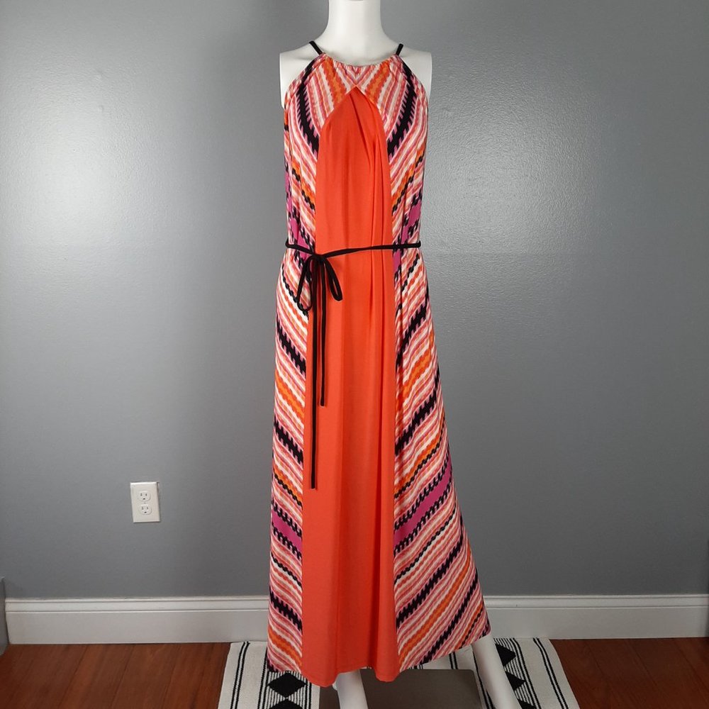 MAGGY LONDON Womens Maxi Dress Size 4 Pink Orange Stripes Belted Halter Neck